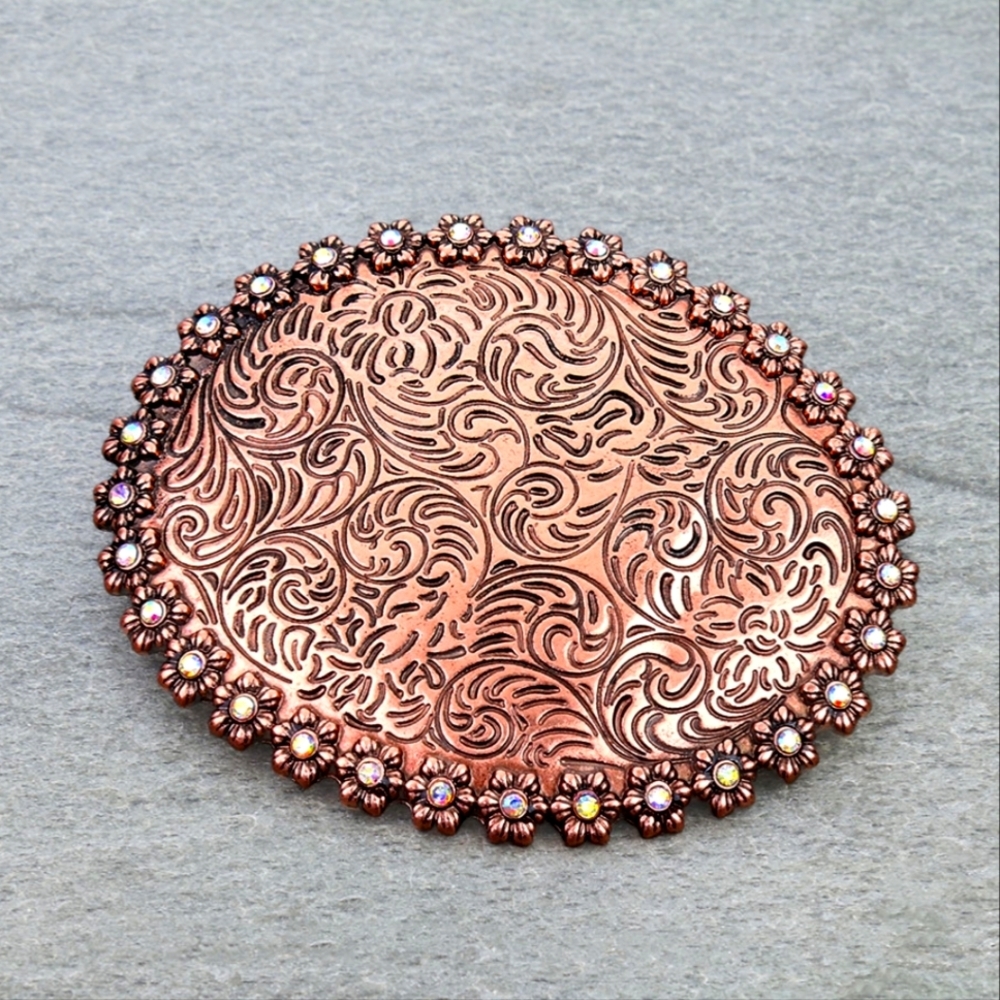NWT Copper Bronze Western Floral Rhinestone Bekt Buckle